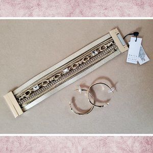 WHBM Crystal Station Hoop Earrings and Crystal Leather Chain Bracelet